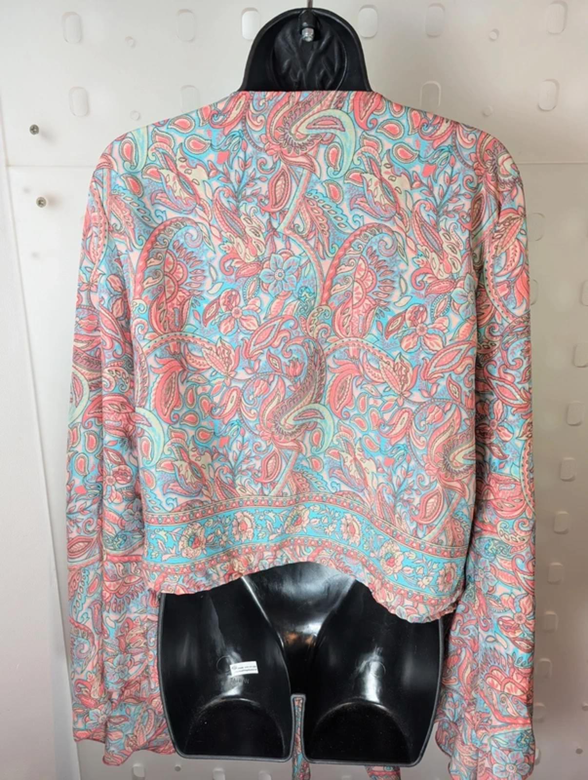 100% Silk Paisley Wrap Top | Coral & Blue | Boho Flared Sleeve