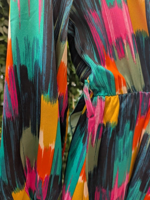 J S Millenium Satin Brush Stroke Wrap Mini Dress Large