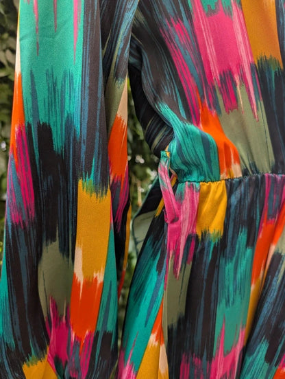 J S Millenium Satin Brush Stroke Wrap Mini Dress Large