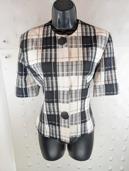 Vintage Richards Check Linen Blend Jacket UK10 Black White 80s