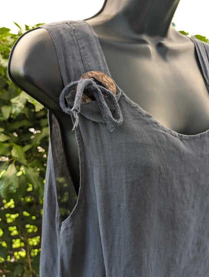 Italian Linen Tie Shoulder Longline Top Navy Blue M