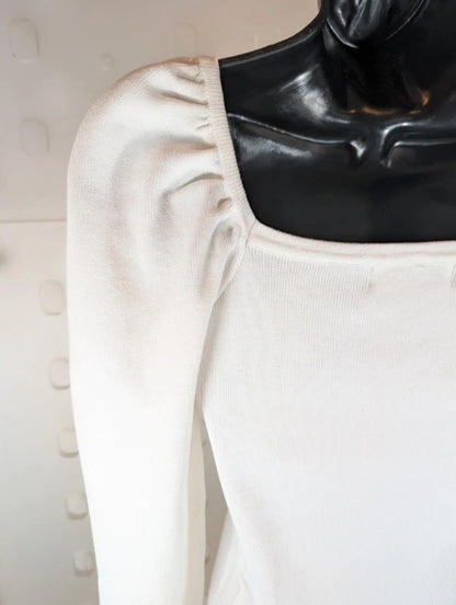 LUC-CE Off White Puff Sleeve Sweetheart Neck Knit Jumper UK10–12