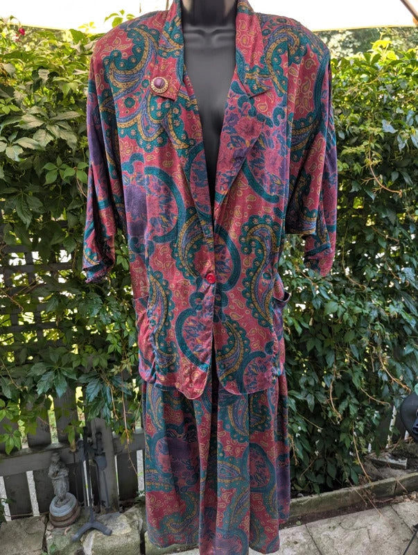 Vintage 1980s Cascade Paisley Skirt Suit Pink Purple Green