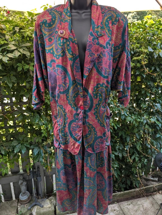 Vintage 1980s Cascade Paisley Skirt Suit Pink Purple Green
