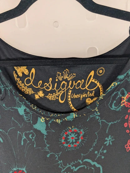 Desigual Batwing Floral Longline Tee – Black Viscose – Size S/M