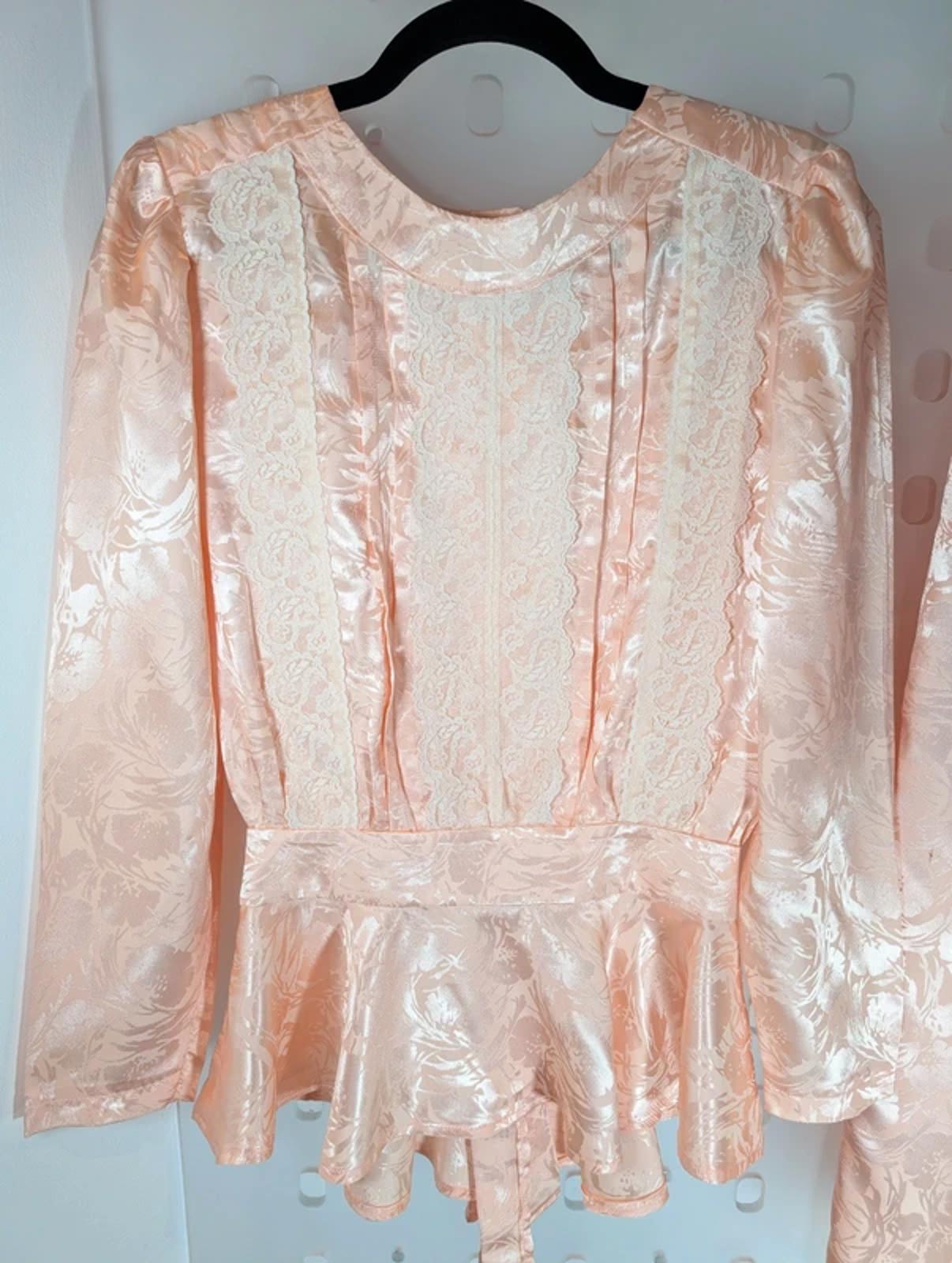 Vintage Peach Satin Two Piece Set Peplum Top Lace Detail Skirt