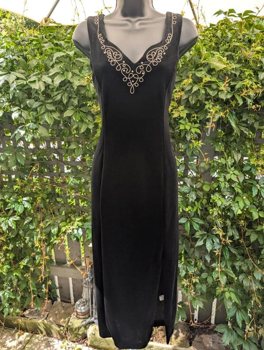 Vintage BHS Black Velvet Midi Dress Made in Great Britain UK14