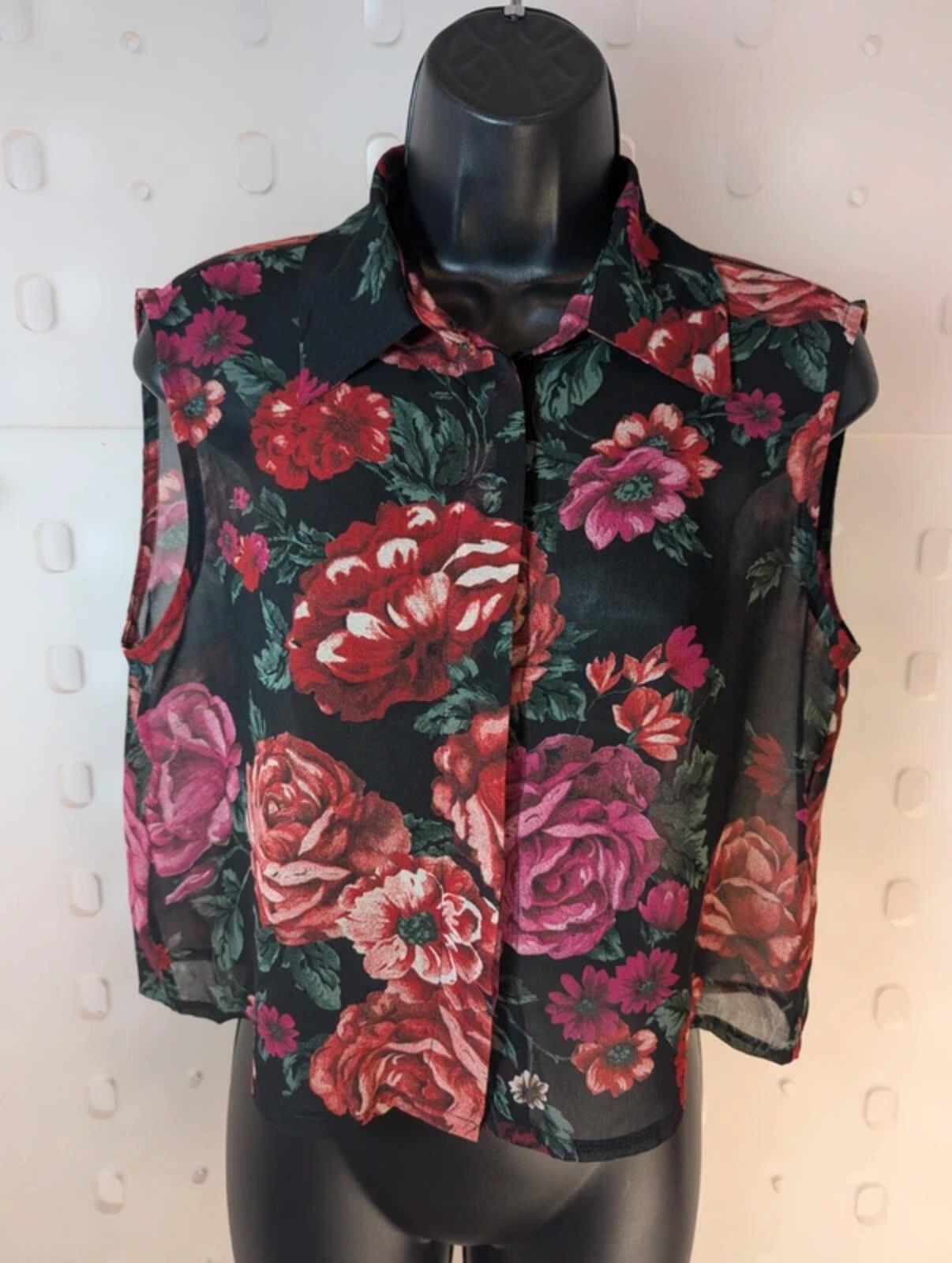 Sheer Black Floral Cropped Blouse – Boxy Fit Button Front – UK 10/12