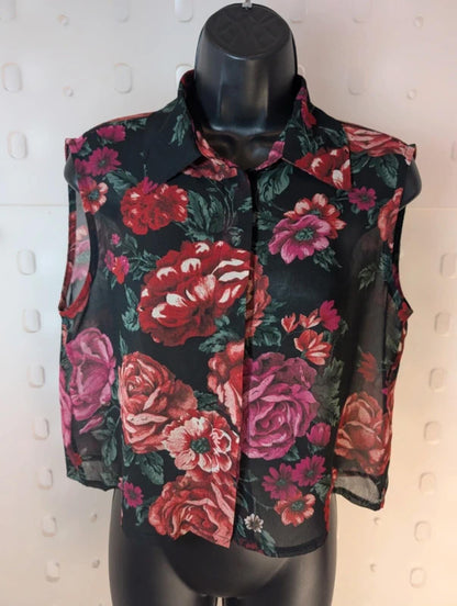 Sheer Black Floral Cropped Blouse – Boxy Fit Button Front – UK 10/12