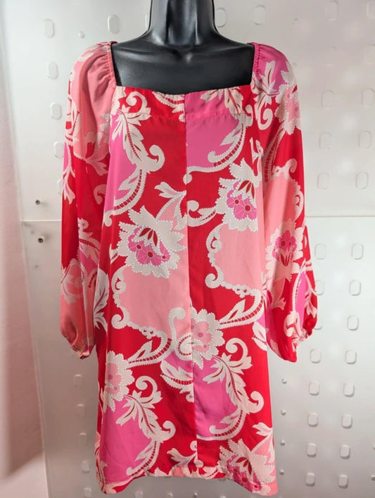 Traffic People 60s Style Mini Dress Pink Red Print Medium