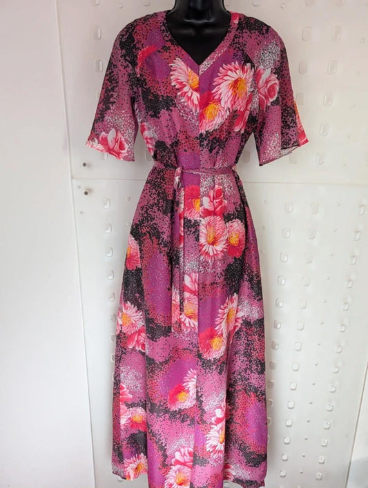 Vintage 70s Pink Floral Maxi Dress Flutter Sleeve Boho EU40