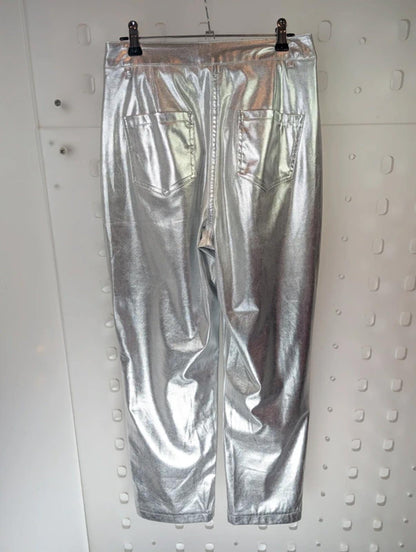 Amylynn Metallic Silver Straight Leg Trousers XS Statement
