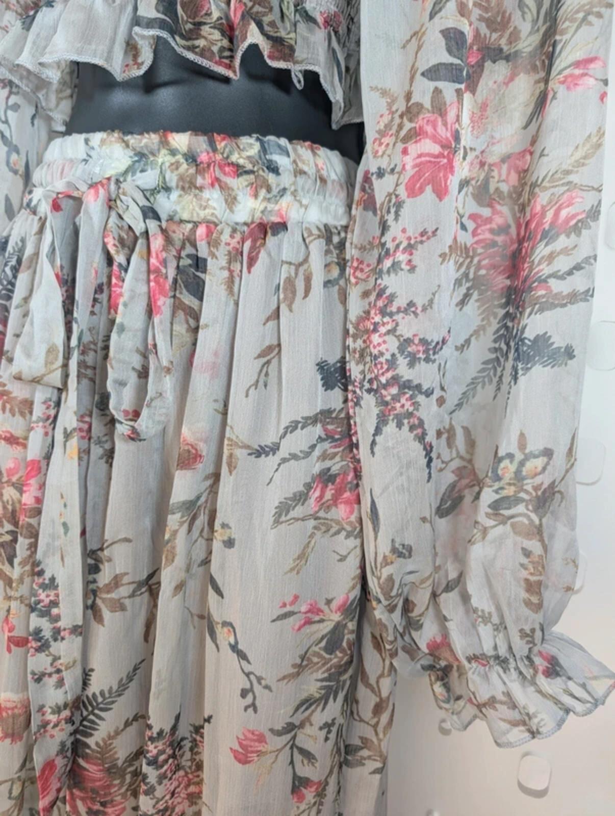 Sheer Floral Co-Ord Set Shirred Crop Top & Wide Leg Trousers Boho XS