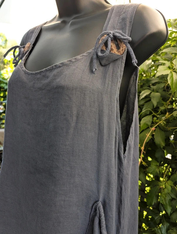 Italian Linen Tie Shoulder Longline Top Navy Blue M