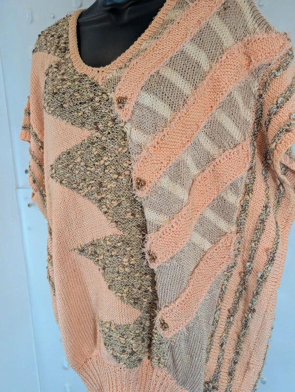 Vintage 1980s Handmade Peach Abstract Oversized Knit Vest