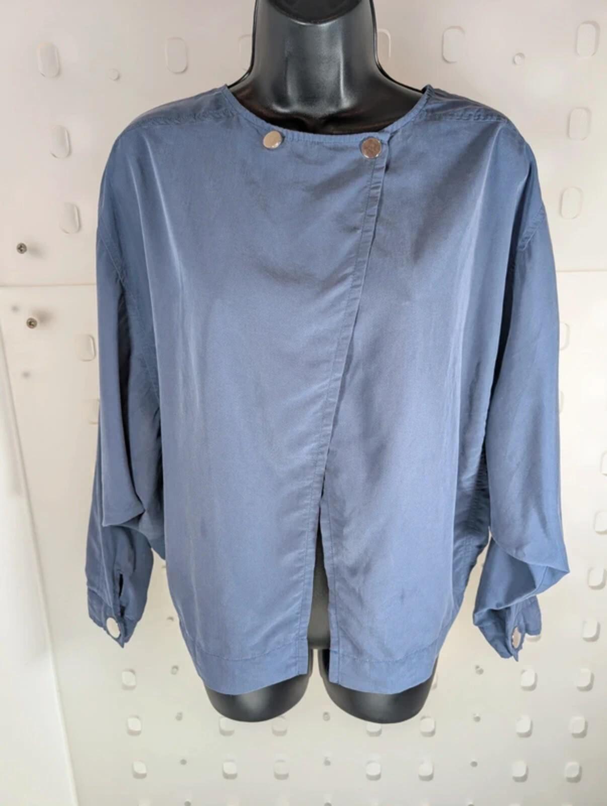 Minimalist Batwing Popper Blouse Blue Grey Lagenlook S/M