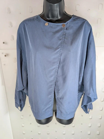 Minimalist Batwing Popper Blouse Blue Grey Lagenlook S/M