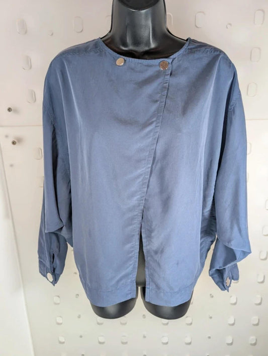 Minimalist Batwing Popper Blouse Blue Grey Lagenlook S/M
