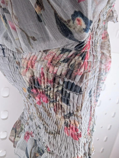 Sheer Floral Co-Ord Set Shirred Crop Top & Wide Leg Trousers Boho XS