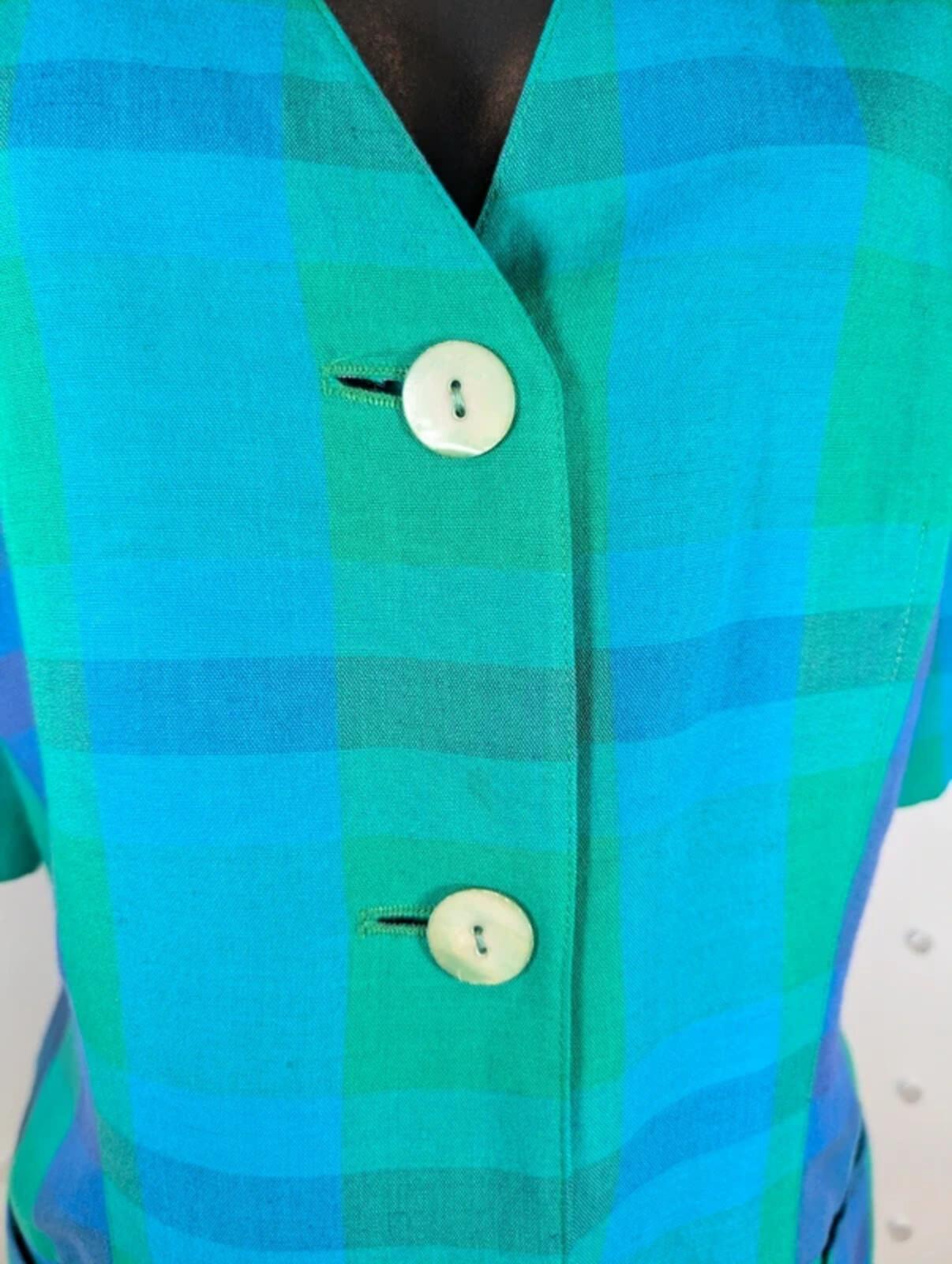 Vintage Betty Barclay checked linen jacket UK10 oversized lagenlook blue green