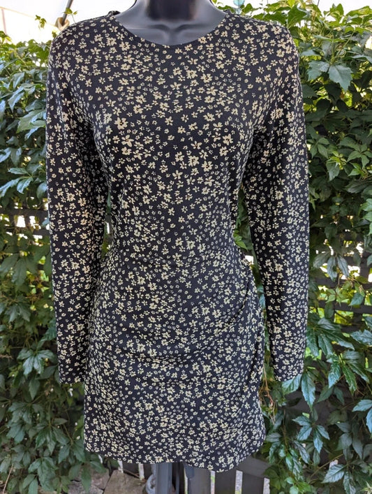 Mango Ditsy Floral Mini Dress Black Yellow Medium