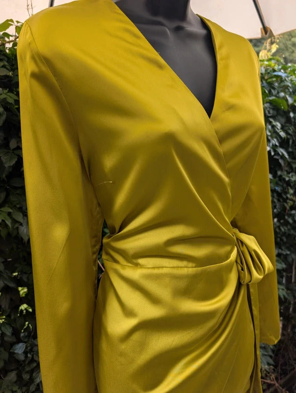 Never Fully Dressed Acid Green Satin Wrap Mini Dress XL