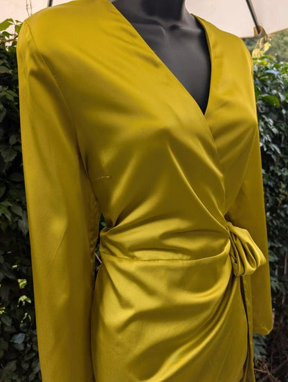 Never Fully Dressed Acid Green Satin Wrap Mini Dress XL
