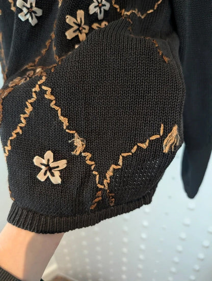 Alfred Dunner Black Floral Appliqué Cardigan Size L