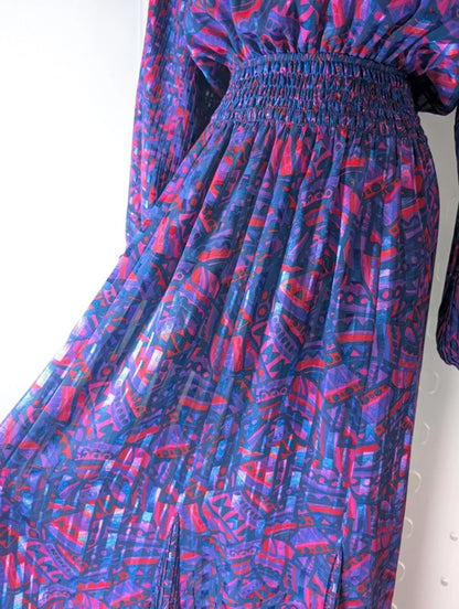 Vintage 70s Kanga Collection by Dale Tryon Maxi Dress – Pink & Purple Print – M