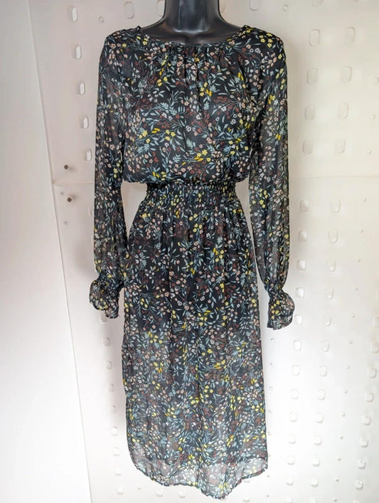 Soaked in Luxury Saseline Sheer Floral Midi Dress Long Sleeve Shirred Waist