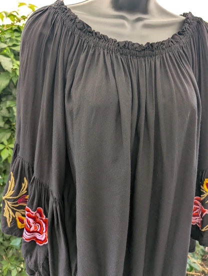 Jordash Embroidered Bell Sleeve Boho Top Black XL