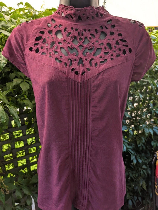 Warehouse Pure Silk Lace Trim Blouse Burgundy UK14