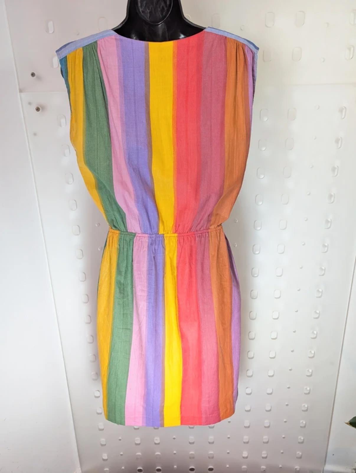Vintage Rainbow Stripe Cotton Day Dress Button Front Pockets UK10