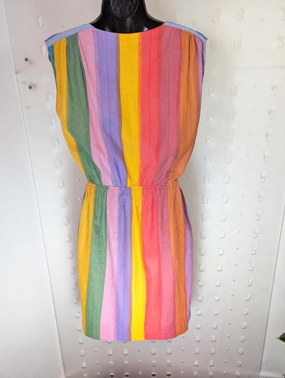 Vintage Rainbow Stripe Cotton Day Dress Button Front Pockets UK10