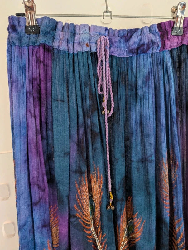 Indian Peacock Print Embellished Rayon Maxi Skirt Free Size