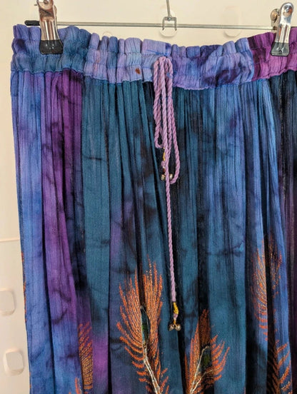 Indian Peacock Print Embellished Rayon Maxi Skirt Free Size
