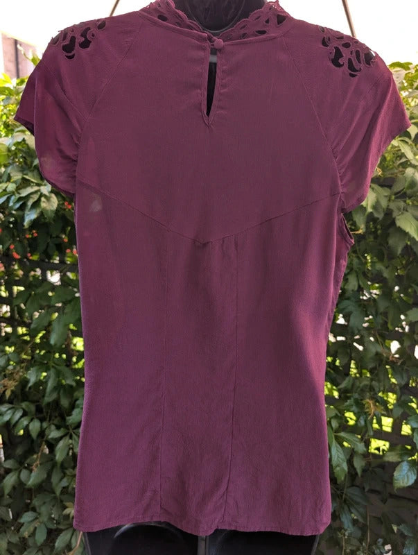 Warehouse Pure Silk Lace Trim Blouse Burgundy UK14