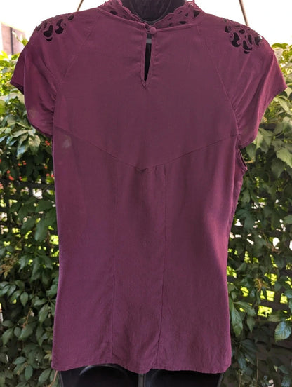 Warehouse Pure Silk Lace Trim Blouse Burgundy UK14