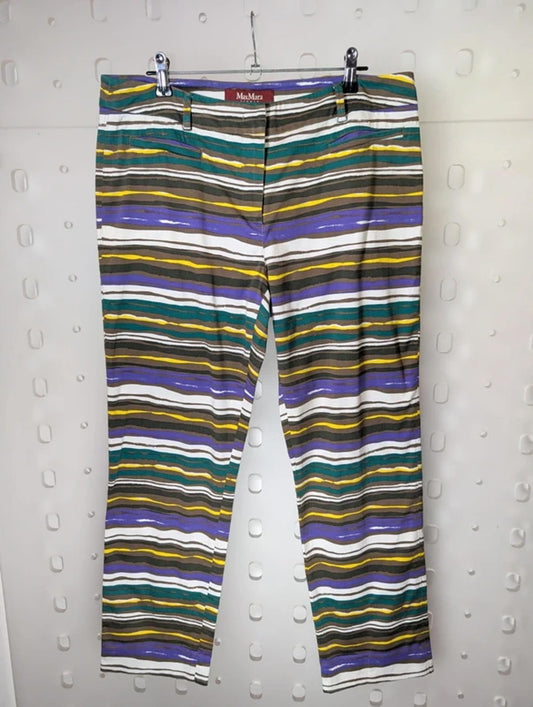 MaxMara Studio Striped Cropped Trousers UK14 Cotton Stretch Purple Yellow Stripe