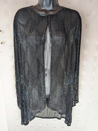 AS by Ronald Joyce Black Beaded Silk Cardigan Sheer Evening Layer M