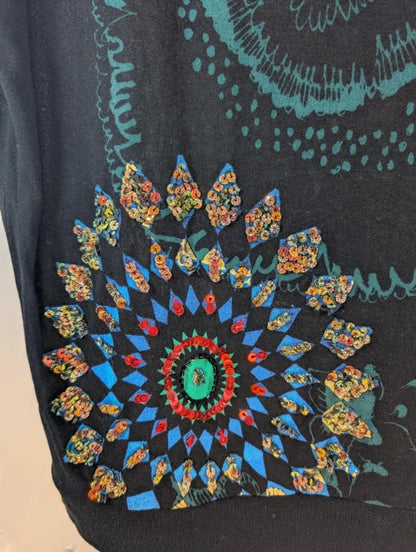 Desigual Batwing Floral Longline Tee – Black Viscose – Size S/M