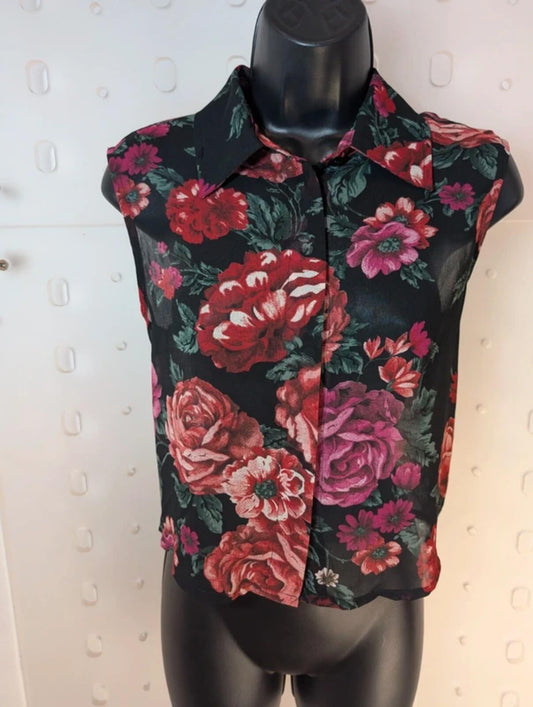 Sheer Black Floral Cropped Blouse – Boxy Fit Button Front – UK 10/12