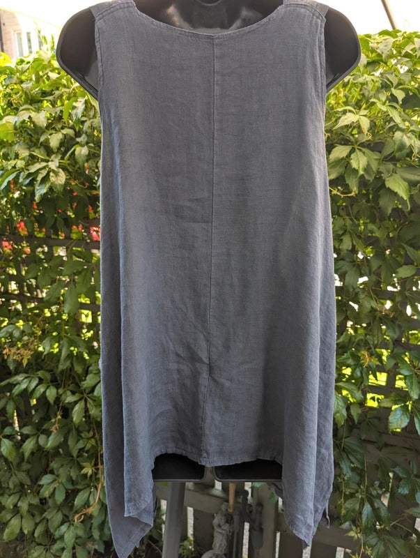 Italian Linen Tie Shoulder Longline Top Navy Blue M