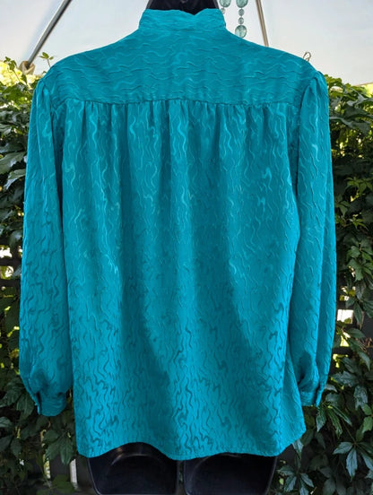 Vintage 1980s Teal Green Blouse With Tie Medium