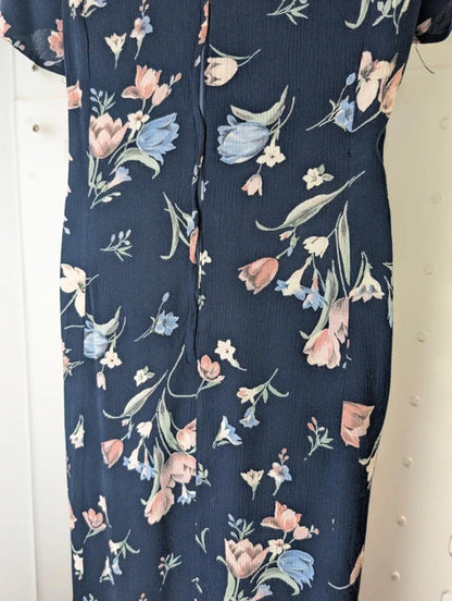 Vintage 90s C&A Navy Tulip Print Maxi Dress UK 12 14 Viscose Floral