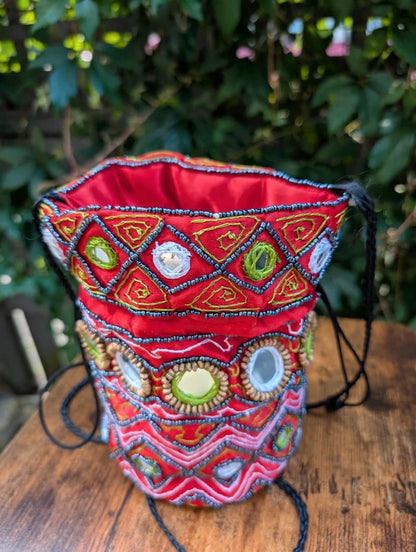 Beaded Bucket Bag Red Festival Crossbody