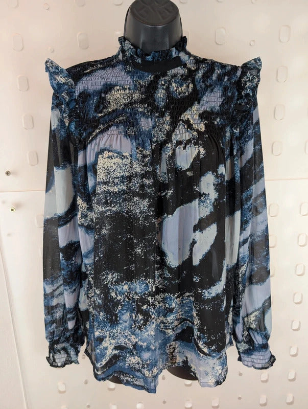 B.Young Navy Abstract Print Sheer Blouse UK8