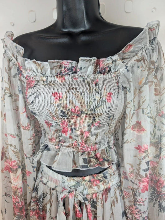 Sheer Floral Co-Ord Set Shirred Crop Top & Wide Leg Trousers Boho XS