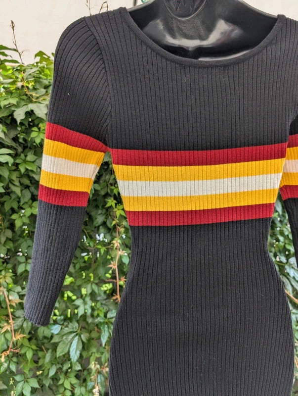 LU NYC Retro Stripe Ribbed Jumper Dress Black Size M
