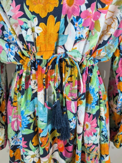 Eb & Ive Tropical Floral Kaftan Top Black Multi Large